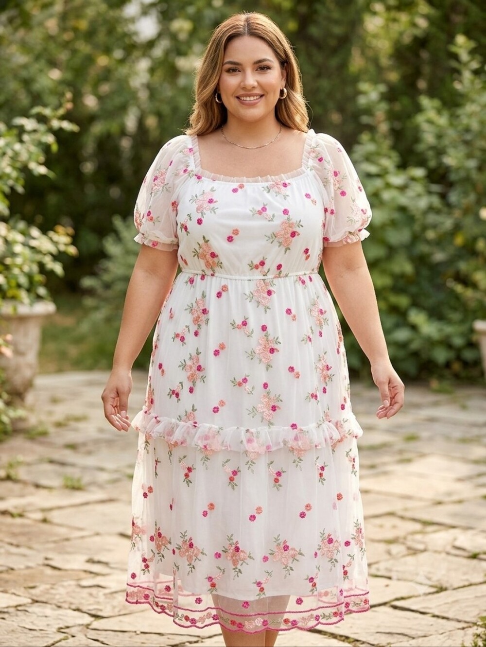 White Floral Midi Dress with Pink Rose Embroidery